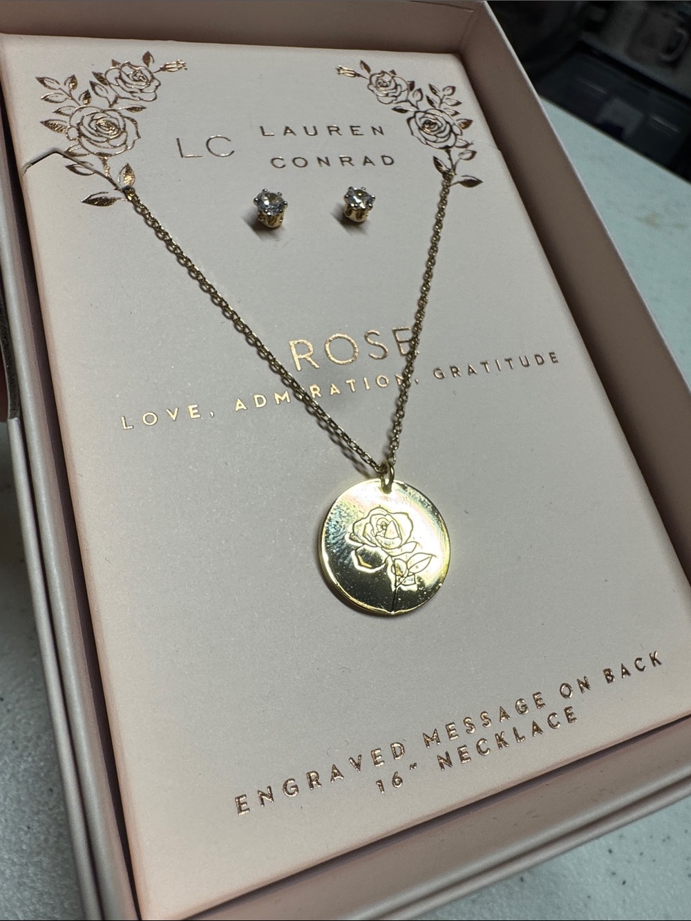 Rose Boxed Set -LC Lauren Conrad Gold Rose Pendant Necklace-wClear Stud Earrings